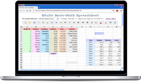 Screenshot of SSuite Basic-Math Spreadsheet. Updated for the latest Desktop, Laptop, Mobile, and Surface Pro tablets. Forget the Cloud, Go Direct! A simple and basic spreadsheet application that runs online or offline without any dependencies. Fast and reliable and very easy to use. Has all the basic functionality and features for beginners and starters to the latest online or offline applications.
