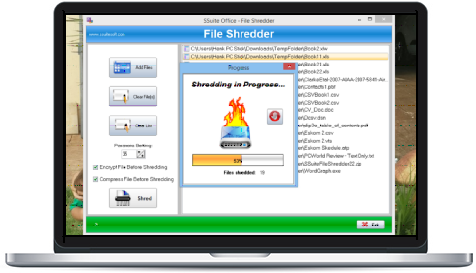 Screenshot of SSuite Office File Shredder.Do you have the need to destroy and shred your most secretive, sensitive, or private files without a trace? Now you have the opportunity to erase and clean your files from your hard drive, usb memory card, or any other memory device without being able to bring them back to life ever again. This application takes your files and overwrites them with random data at least 35 times by default, before being deleted, to make sure they never see the light of day.Now you have the opportunity to erase and clean your files from your hard drive, usb memory card, or any other memory device without being able to bring them back to life ever again. This application takes your files and overwrites them with random data at least 35 times by default, before being deleted, to make sure they never see the light of day. It also has a paranoia setting to increase the number of times random data is written over your file�s data space. Just remember that the higher this value is and the larger your files are, the longer it will take your system to completely shred it out of existence. So go ahead and get complete security in knowing that your files will be completely and absolutely shredded and cleaned from your system or hard drive. This distribution also includes our other security app called Picsel Security for complete peace of mind.Free SSuite Office Software and Suites. It also has a paranoia setting to increase the number of times random data is written over your file�s data space. Just remember that the higher this value is and the larger your files are, the longer it will take your system to completely shred it out of existence. So go ahead and get complete security in knowing that your files will be completely and absolutely shredded and cleaned from your system or hard drive. This distribution also includes our other security app called Picsel Security for complete peace of mind. Updated for the latest Dekstop, Laptop, and Surface Pro tablets.
